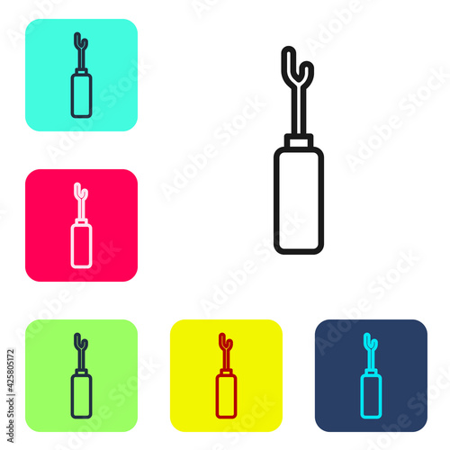 Black line Awl tool with wooden handle icon isolated on white background. Work equipment tailor industry. Set icons in color square buttons. Vector