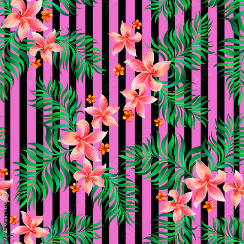 Seamless tropical vector pattern with palm leaves and hibiscus flowers. Summer illustration. Wallpaper, cover summer print.