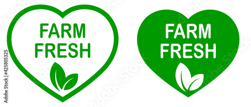 Farm fresh. Plant based vegan food product label. Green heart-shaped stamp. Logo or icon. Diet. Sticker. Vegeterian 