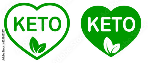 Love keto. Ketogenic diet. Plant based vegan food product label. Green heart-shaped stamp. Logo or icon. Sticker. Vegeterian.Keto approved friendly. 2 small leaves