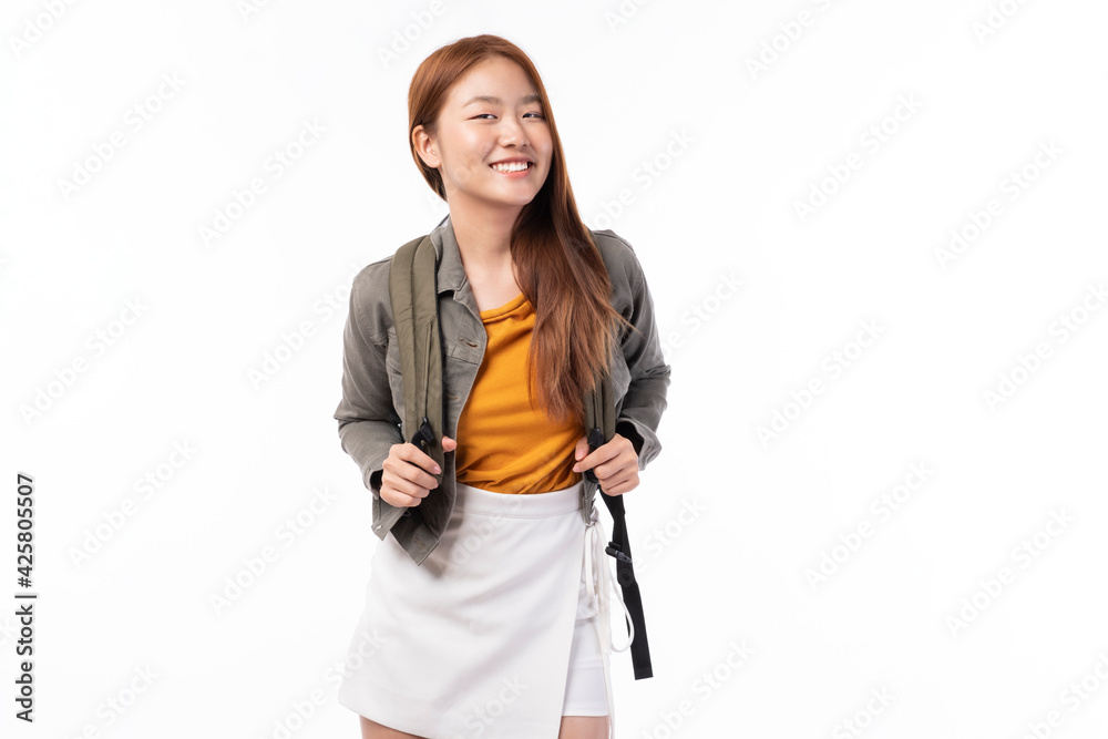 Asia woman in white background. Portrait of a cheerful pretty Asian girl student. Return to school concept. Confident college student. Young Asian teenage girl in studio. Asia woman in white background. Portrait of a cheerful pretty Asian girl student. Return to school concept. Confident college student. Young Asian teenage girl in studio.