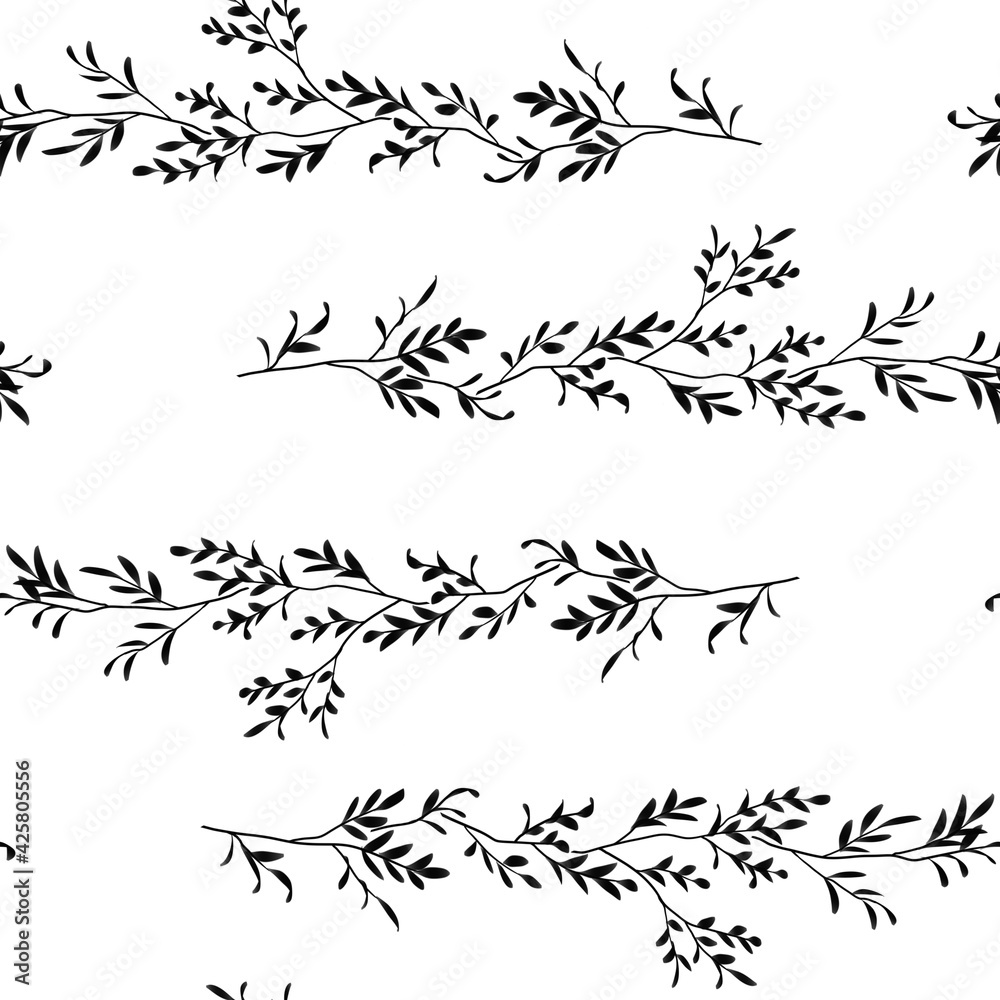 Seamless bitmap of black branches with leaves on a white background, line pattern, isolated. Design for wallpaper, fabrics, textiles.