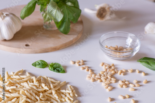 Basil, pine cones, garlic and Trofie pasta to make a traditional Italian Pesto dish