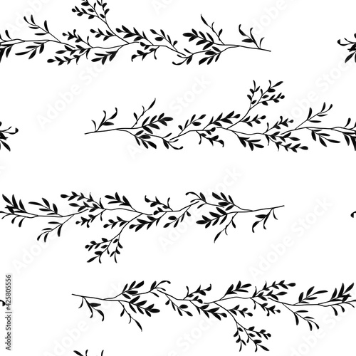 Seamless bitmap of black branches with leaves on a white background, line pattern, isolated. Design for wallpaper, fabrics, textiles.
