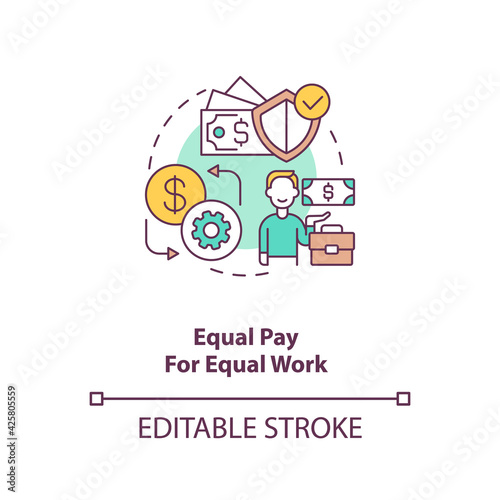 Equal pay for equal work concept icon. Fair labour for immigrants. Legal protection. Migrant worker rights idea thin line illustration. Vector isolated outline RGB color drawing. Editable stroke