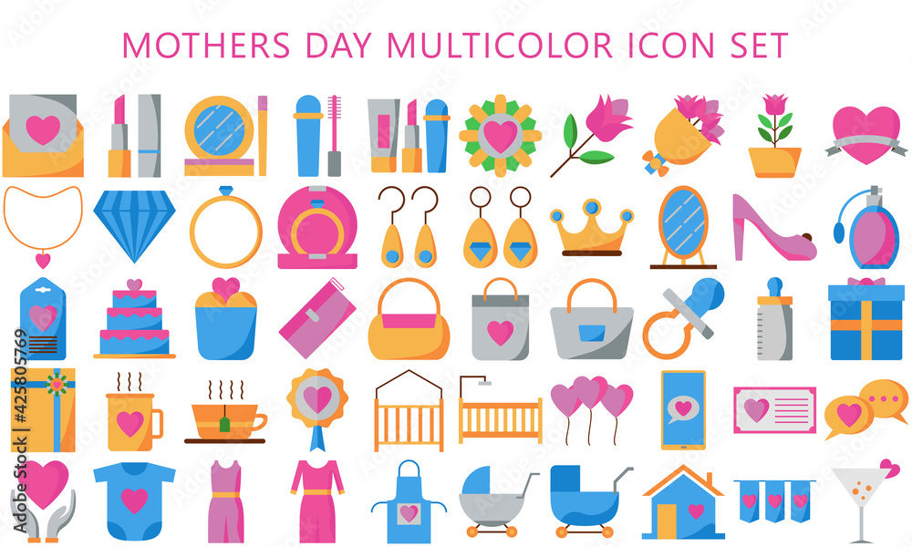 happy mothers day flat multicolor icon set design, love, relationship, decoration, celebration, greeting and invitation theme, Vector illustration eps 10 ready convert to SVG.