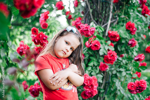 close-up portrait of a cute five-year-old girl in a red T-shirt with her arms crossed and her head bowed under the arch of a wild rose.