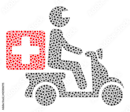 Vector medical motorbike coronavirus composition icon organized for health care illustrations. Medical motorbike mosaic is organized from small coronavirus pathogen items.