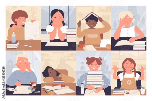 Kids pupils of primary school study, education vector illustration set. Cartoon cute boy and girl child characters sitting with books, learning, little children schooling, thinking tired of studying