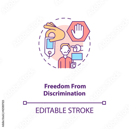 Freedom from discrimination concept icon. Stop hate crimes, prevent violence and abuse. Migrant worker rights idea thin line illustration. Vector isolated outline RGB color drawing. Editable stroke