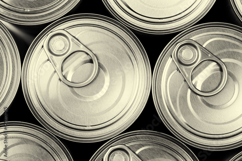 Foto Close, top down view of many easy open metal tin cans in sepia tone