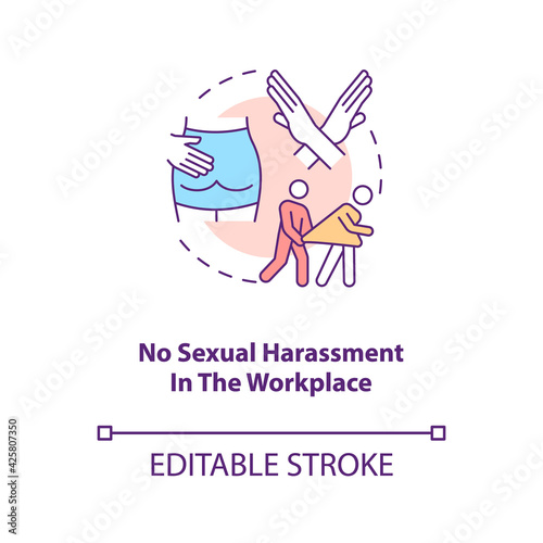 No sexual harassment in workplace concept icon. Stop abuse. Prevent assault on woman. Migrant worker rights idea thin line illustration. Vector isolated outline RGB color drawing. Editable stroke