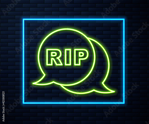Glowing neon line Speech bubble rip death icon isolated on brick wall background. Vector