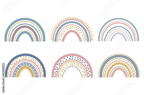 Cute baby boho rainbow set in scandinavian style, lovely decoration isolated on white background. Pastel colors, baby shower, nursery. 