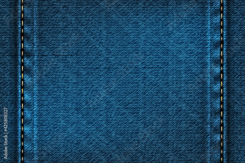 Denim rectangular background with seam.Vector illustration of blue texture.