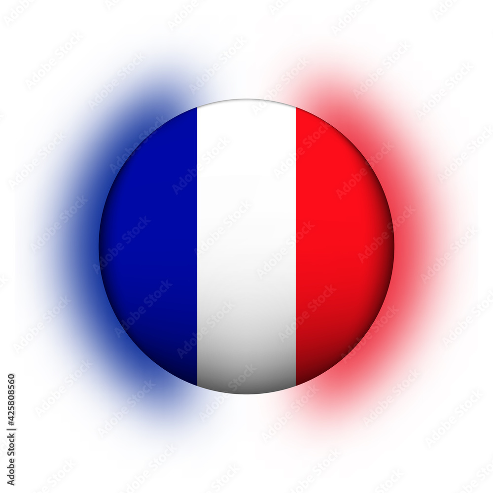 Glass light ball with flag of France. Round sphere, template icon. French national symbol. Glossy realistic ball, 3D abstract vector illustration highlighted on a white background. Big bubble Glass light ball with flag of France. Round sphere, template icon. French national symbol. Glossy realistic ball, 3D abstract vector illustration highlighted on a white background. Big bubble
