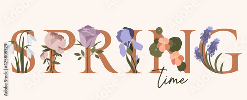 Spring hand written lettering word in pastel colors.Hand drawn typography banner with flowers grape hyacinth, iris, nasturtium, rose, snowdrop, peoney for greeting cards,invitations, and banners
