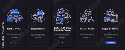 Migrant workers types onboarding mobile app page screen with concepts. Immigrants walkthrough 5 steps graphic instructions. UI, UX, GUI vector template with linear night mode illustrations
