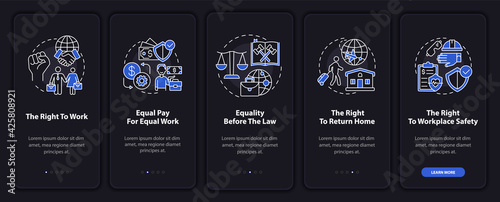 Migrant workers rights onboarding mobile app page screen with concepts. Immigrant walkthrough 5 steps graphic instructions. UI, UX, GUI vector template with linear night mode illustrations