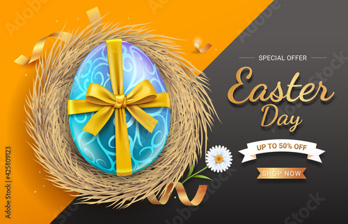 Happy easter day easter eggs blue color with gold ribbon on egg nest. Vector illustrations.