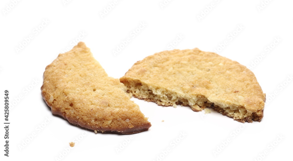 Oat cookies with milk chocolate and crumbs isolated on white background Oat cookies with milk chocolate and crumbs isolated on white background