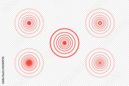 Red circles to indicate the area of pain on the person's body. Vector transparent overlay elements, templates. Objects on an isolated background.