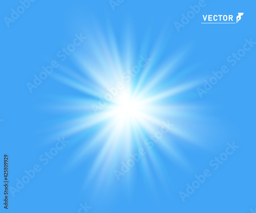 White star light flash on blue background. The sun is bright. Abstract. Vector illustration.