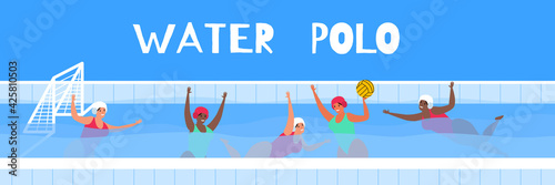 water polo women team players in swimming pool  championship vector flat  illustration
