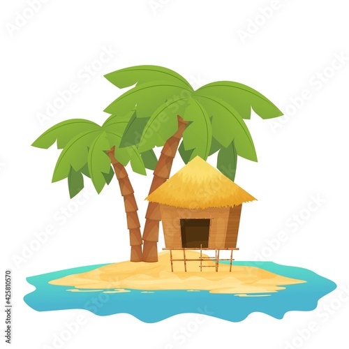Beach hut or bungalow with straw roof, wooden on tropic island with palm tree in cartoon style isolated on white background. Bamboo cabin, small house exotic object.