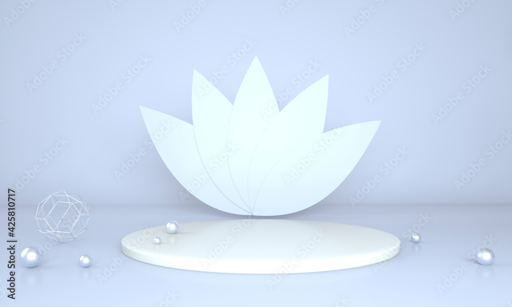 Fototapeta premium Product display podium decorated with leaves on pastel background, 3d illustration