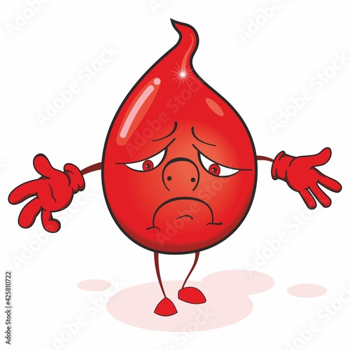 Blood drop. Cartoon mascot character. Cute character a drop of blood. Blood donor day character. Red drop is presenting. 