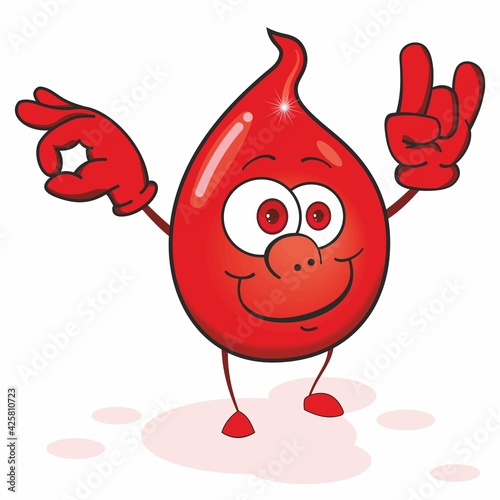 Blood drop. Cartoon mascot character. Cute character a drop of blood. Blood donor day character. Red drop is presenting. 