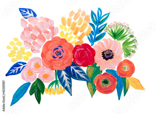 Hand drawn painted bouquet of  flowers and leaves. Acrylic paint. Isolated on white background. Poster, illustration.