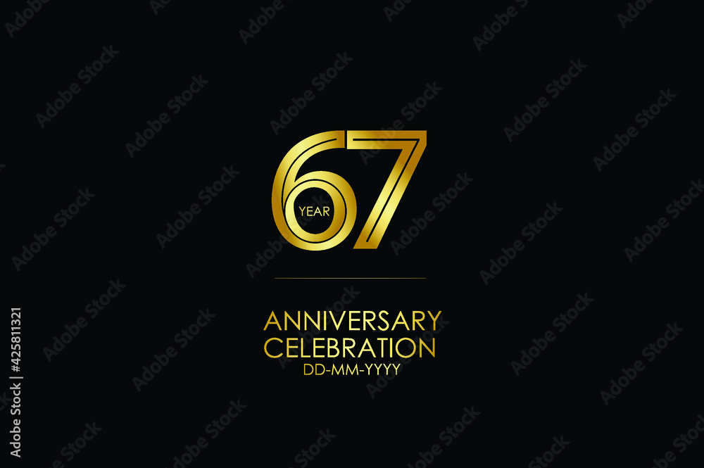 Obraz premium 67 year anniversary celebration Gold Line. logotype isolated on Black background for celebration, invitation card, and greeting card-Vector