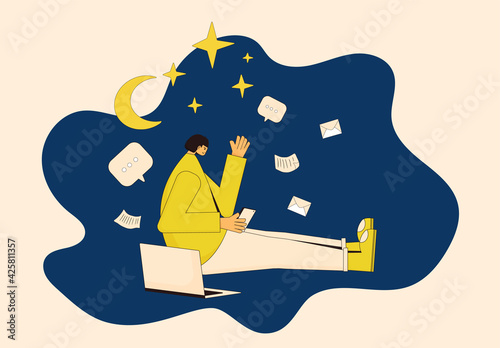 Digital information overload. Young female person sitting on the floor with mobile phone and suffering from cyberbullying. Teenage girl reading text messages and get too much social media