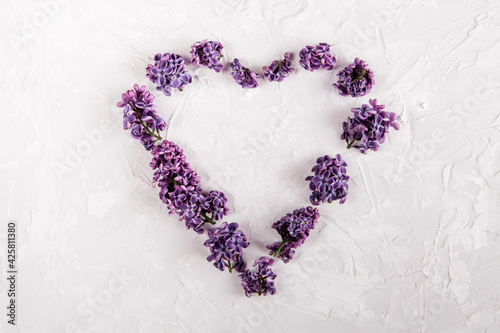 Lilac flowers in heart shape on the white background. Flat lay. Minimalist style.