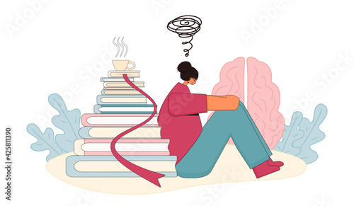 Tired girl. Psychological issues with education.Young woman with bad mood, headache, stress sitting on the floor and feel confused from learning. Difficult with prepare to exam.