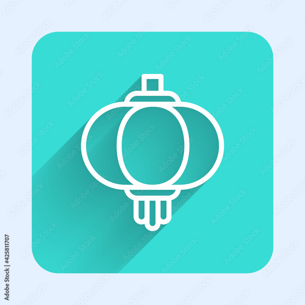 Fototapeta premium White line Chinese paper lantern icon isolated with long shadow. Green square button. Vector