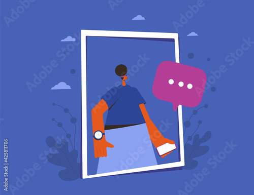 Online communication. Woman portrait with frame. Female person get a message on her phone.