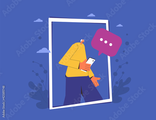 Online communication. Eldery man portrait with frame. Male person got a message on his phone.