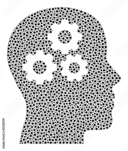 Vector brain gears covid mosaic icon combined for medicare purposes. Brain gears mosaic is created of tiny covid viral elements.