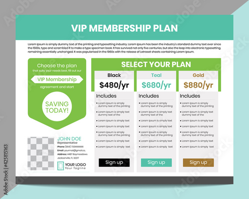 Membership plan sheet, pricing plan table template 