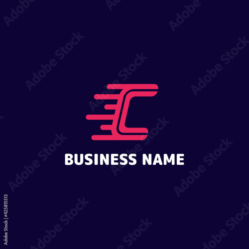 Simple and minimalist bright pink letter C speed monogram initial logo in dark blue background