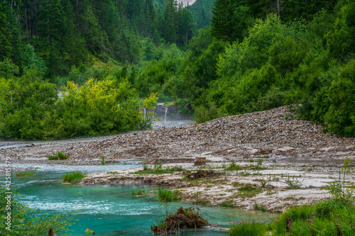 Fischlein valley in the Dolomites during rain, Italy. photo