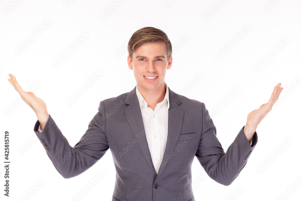 Happy young business man holding copy space imaginary on palm for insert advertisement, happiness and smile face Friendly businessman with welcoming gesture isolated on white background Handsome men Happy young business man holding copy space imaginary on palm for insert advertisement, happiness and smile face Friendly businessman with welcoming gesture isolated on white background Handsome men