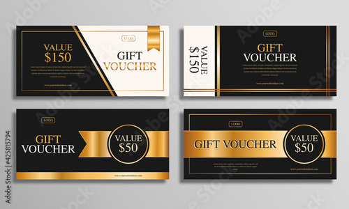 Gold luxury vouchers gift template set, coupon designs, certificates, ticket templates, ready to edit and use.