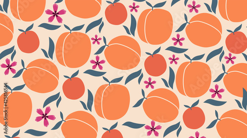 A vibrant fruity and floral print on a pastel background. Juicy apricot with green leaves and delicate flowers. Retro, vintage, tropical background. Concept for banners, cards, covers, wallpapers. 