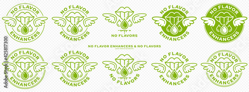 Concept for packaging. Labeling - no flavor enhancers. The mouth icon with wings and a drop of additive is a symbol of freedom from flavorings and a flavor enhancer. Vector.