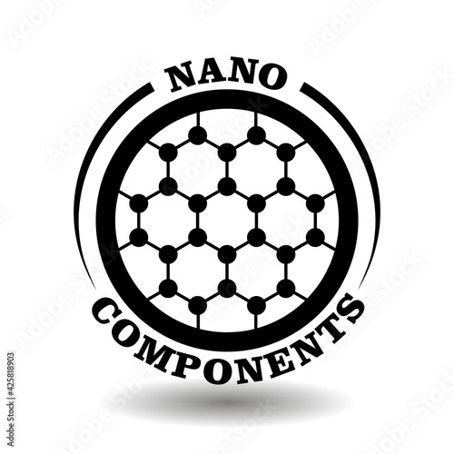 Round creative logo of Nanotechnology components for labeling modern nano science products, with abstract chemical formula symbol in circle icon