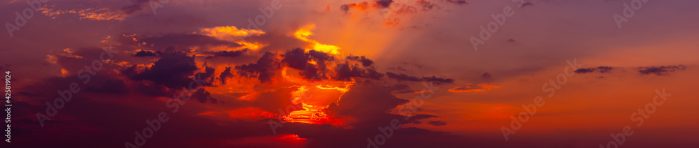 Panorama red and orange sunset background.Gorgeous Panorama twilight sky and cloud at morning background.